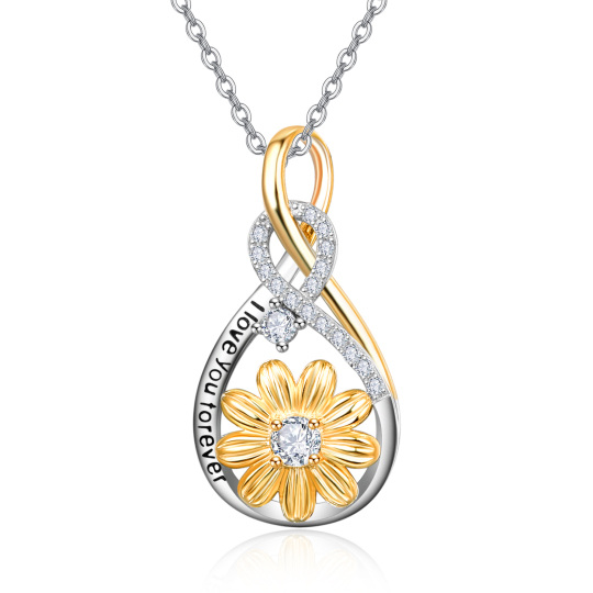 Collana in argento sterling bicolore a forma circolare con girasole e simbolo dell'infinito con parola incisa