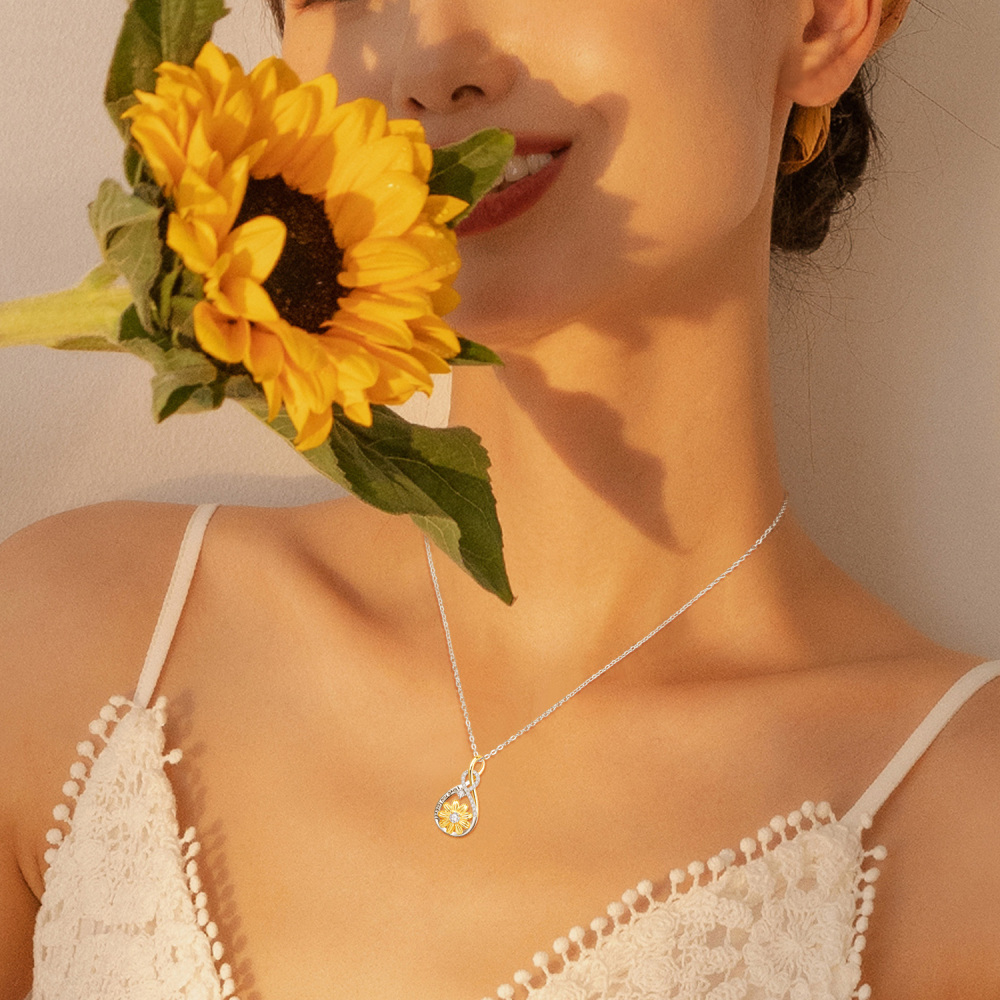 Sterling Silver Two-tone Circular Shaped Cubic Zirconia Sunflower & Infinity Symbol Pendant Necklace with Engraved Word-2