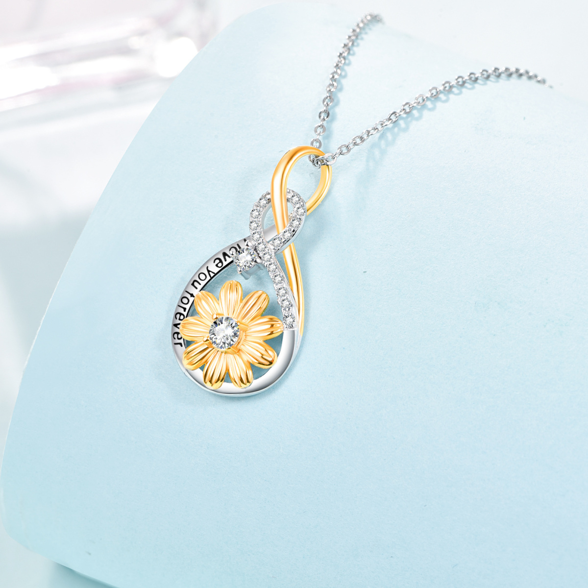 Sterling Silver Two-tone Circular Shaped Cubic Zirconia Sunflower & Infinity Symbol Pendant Necklace with Engraved Word-4