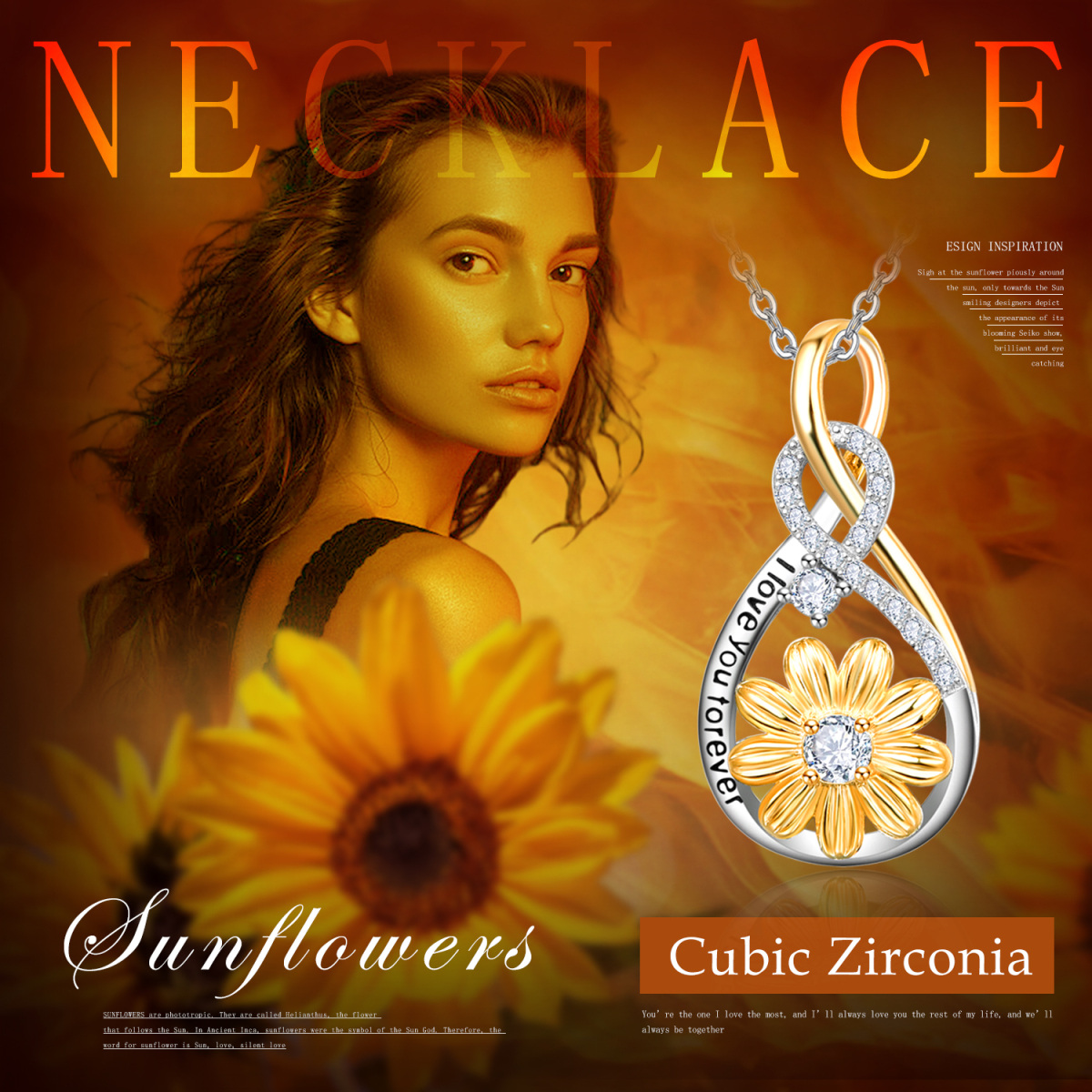 Sterling Silver Two-tone Circular Shaped Cubic Zirconia Sunflower & Infinity Symbol Pendant Necklace with Engraved Word-5