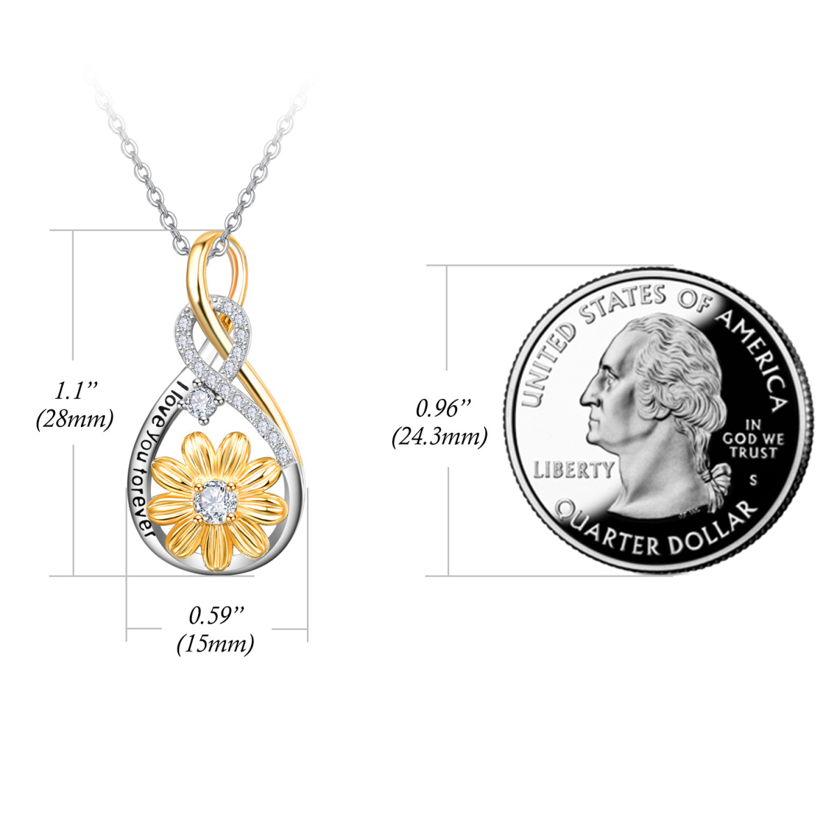 Sterling Silver Two-tone Circular Shaped Cubic Zirconia Sunflower & Infinity Symbol Pendant Necklace with Engraved Word-6