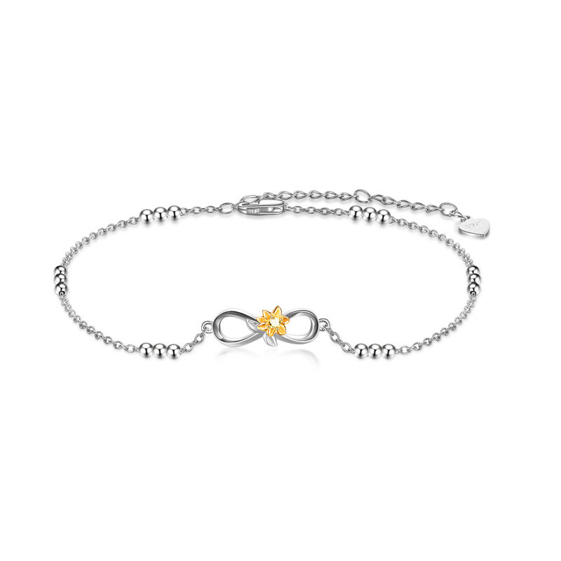 Sterling Silver Two-tone Circular Shaped Cubic Zirconia Sunflower & Infinity Symbol Single Layer Anklet-13