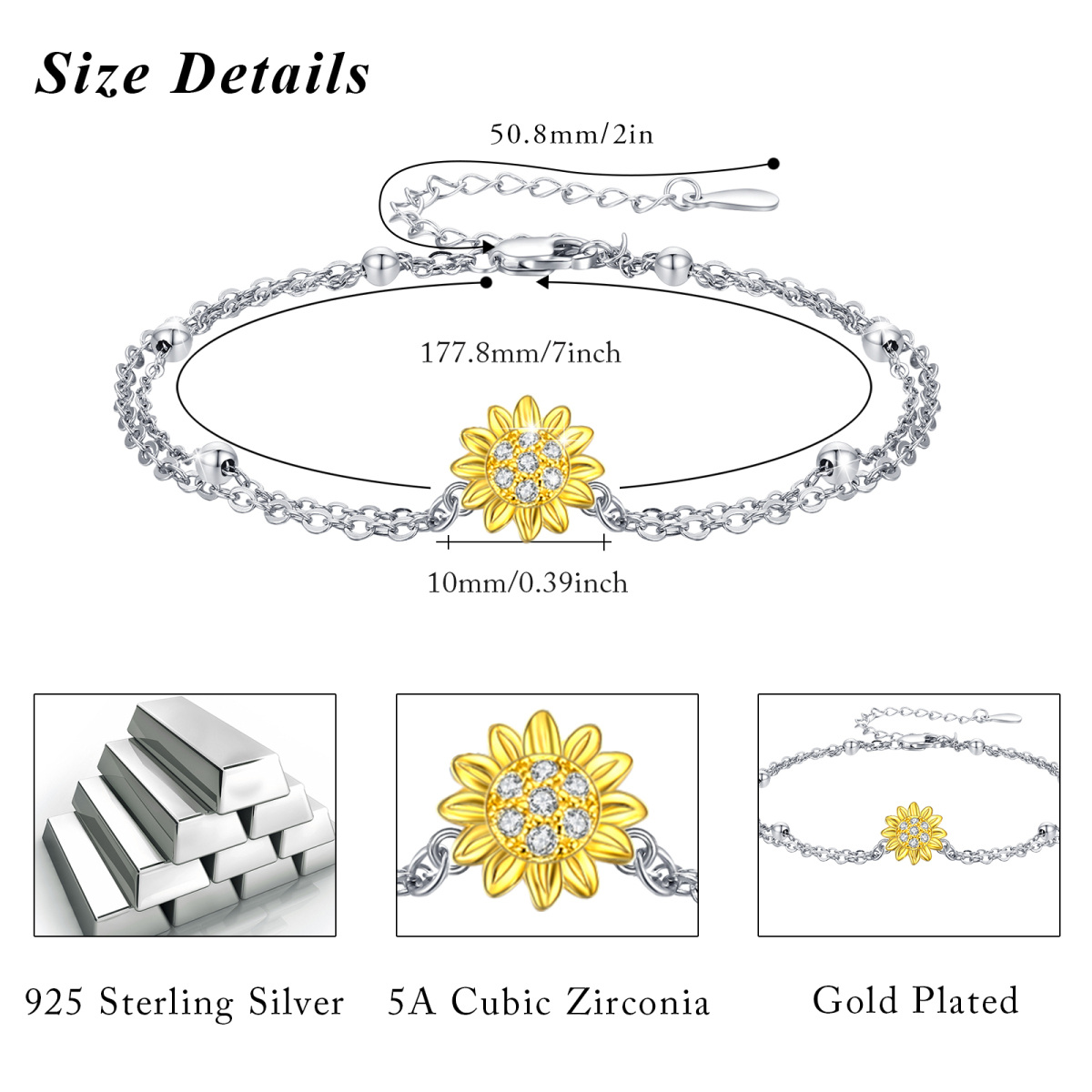 Sterling Silver Two-tone Circular Shaped Cubic Zirconia Sunflower Layerered Bracelet-5