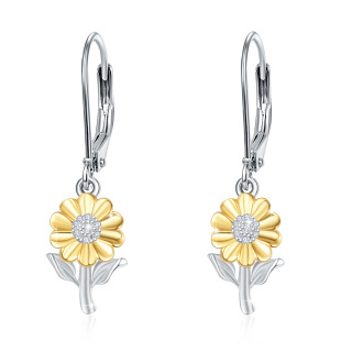 Sterling Silver Two-tone Circular Shaped Cubic Zirconia Sunflower Lever-back Earrings-25