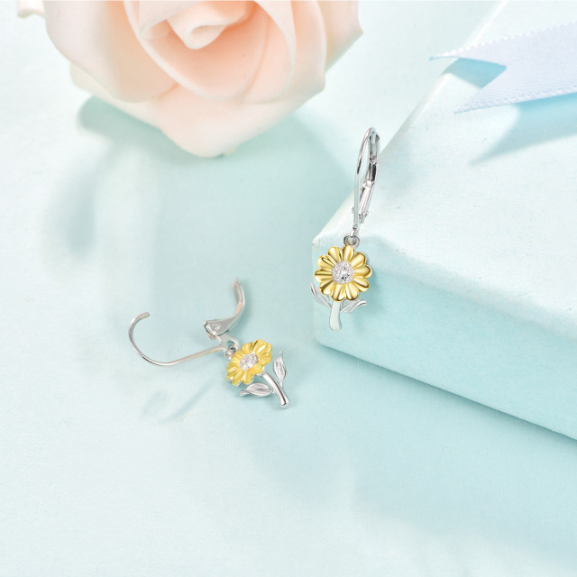 Sterling Silver Two-tone Circular Shaped Cubic Zirconia Sunflower Lever-back Earrings-5