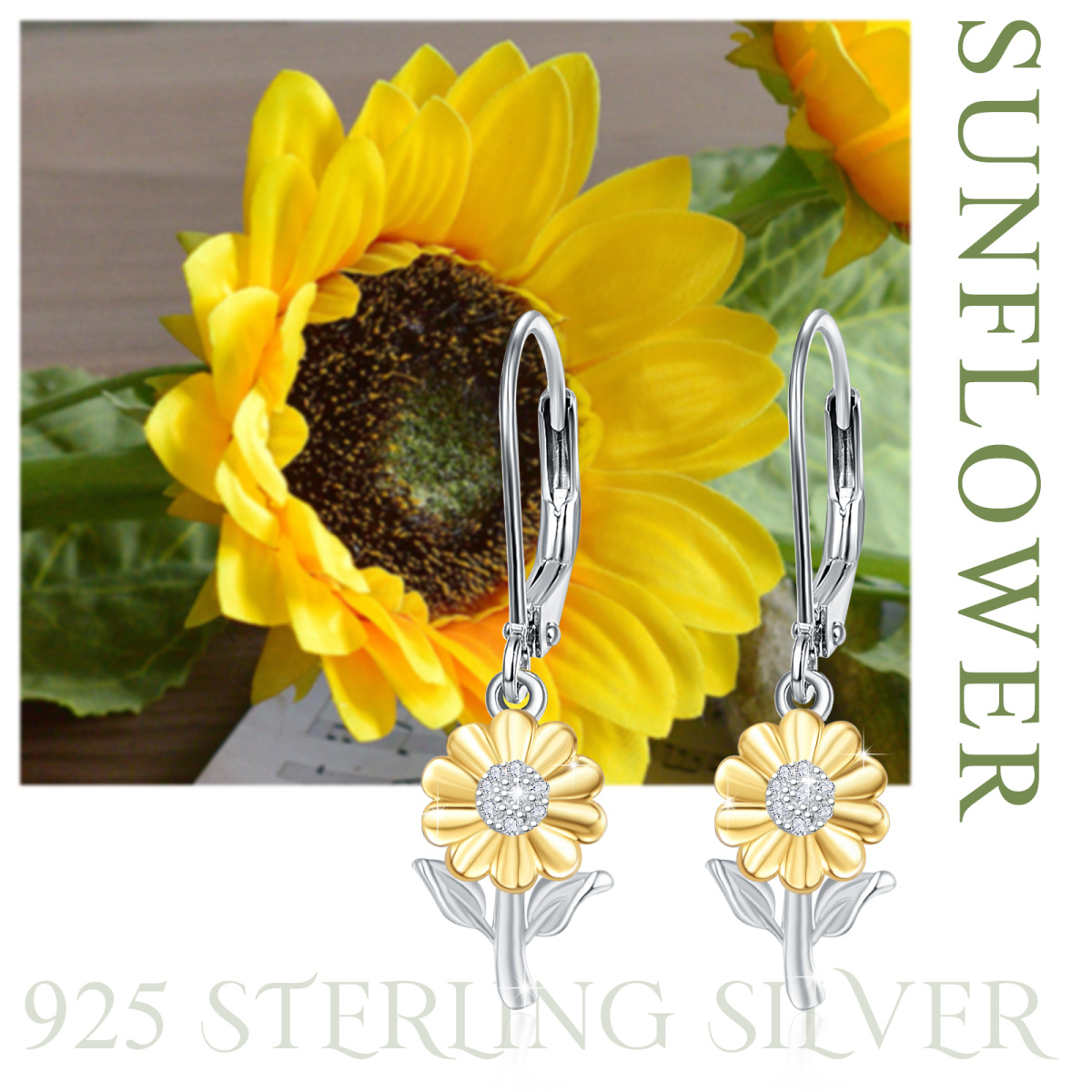 Sterling Silver Two-tone Circular Shaped Cubic Zirconia Sunflower Lever-back Earrings-7