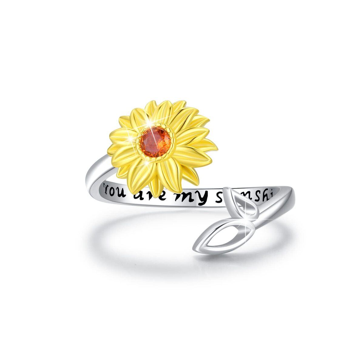 Sterling Silver Two-tone Circular Shaped Cubic Zirconia Sunflower Open Ring with Engraved Word-1