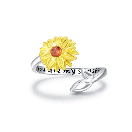 Sterling Silver Two-tone Circular Shaped Cubic Zirconia Sunflower Open Ring with Engraved Word