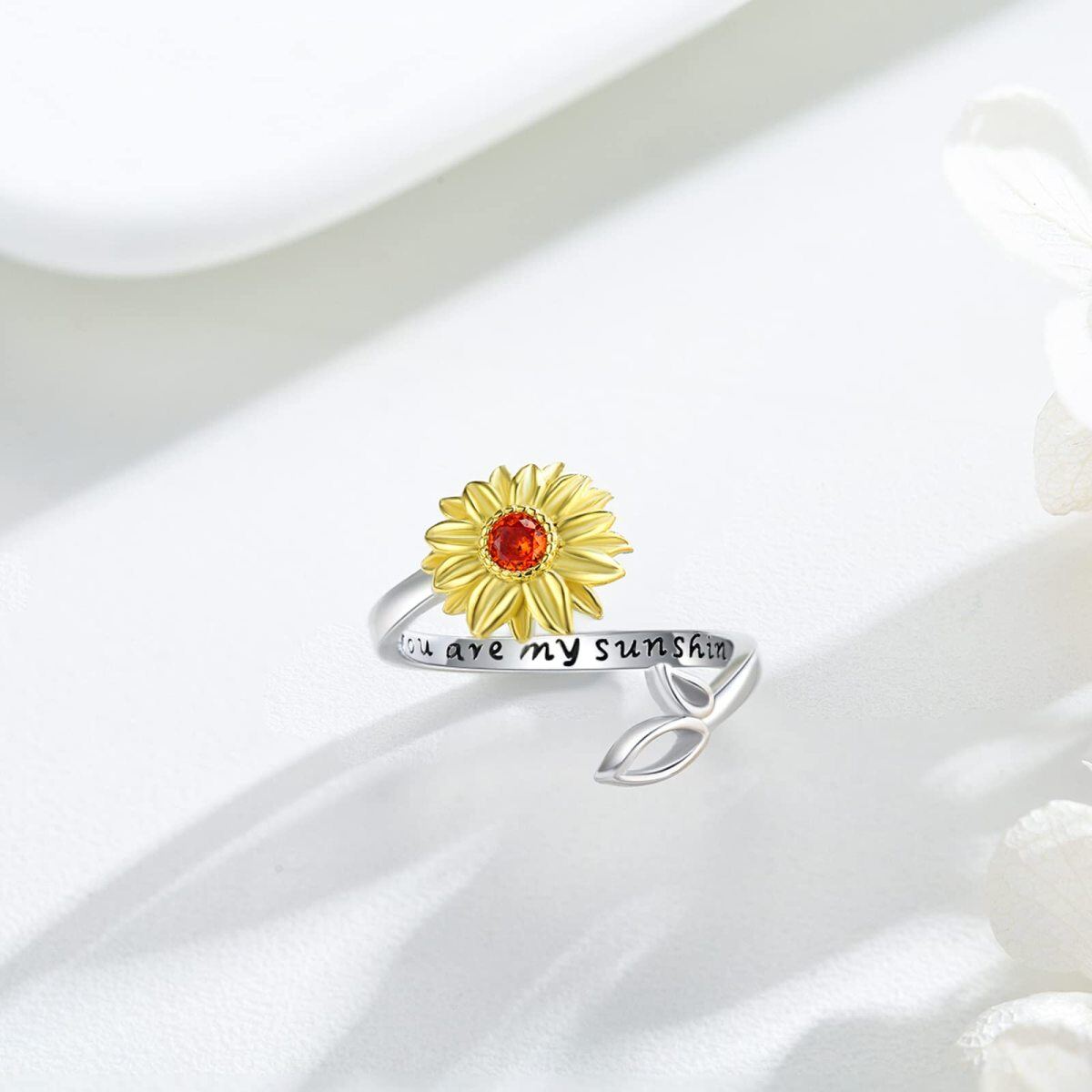 Sterling Silver Two-tone Circular Shaped Cubic Zirconia Sunflower Open Ring with Engraved Word-4