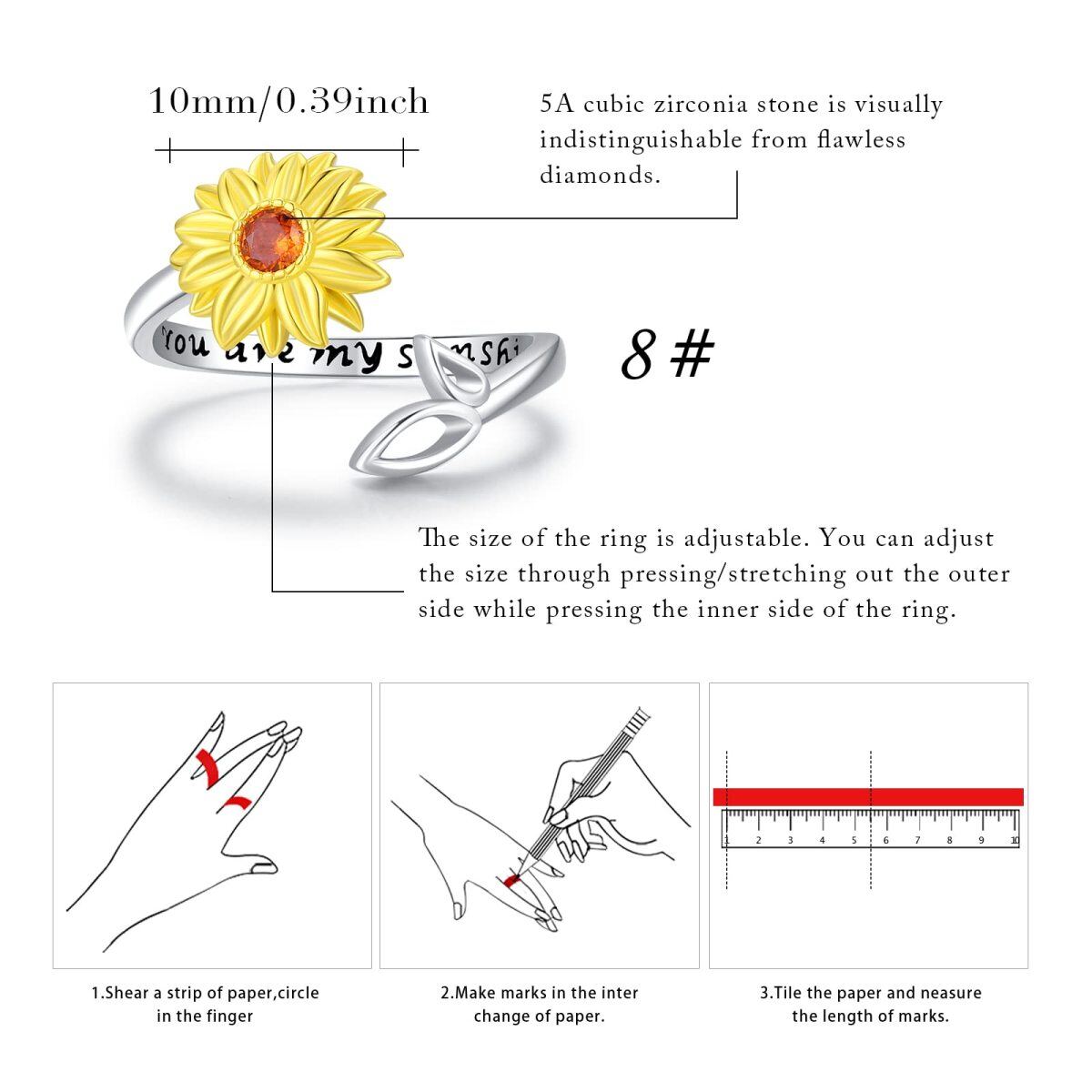 Sterling Silver Two-tone Circular Shaped Cubic Zirconia Sunflower Open Ring with Engraved Word-5