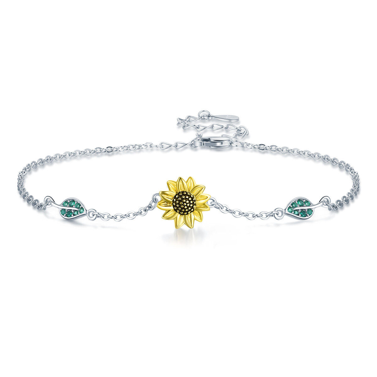 Sterling Silver Two-tone Circular Shaped Cubic Zirconia Sunflower Pendant Bracelet-1