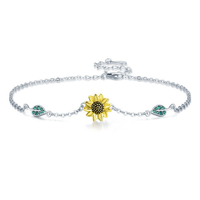 Sterling Silver Two-tone Circular Shaped Cubic Zirconia Sunflower Pendant Bracelet-1