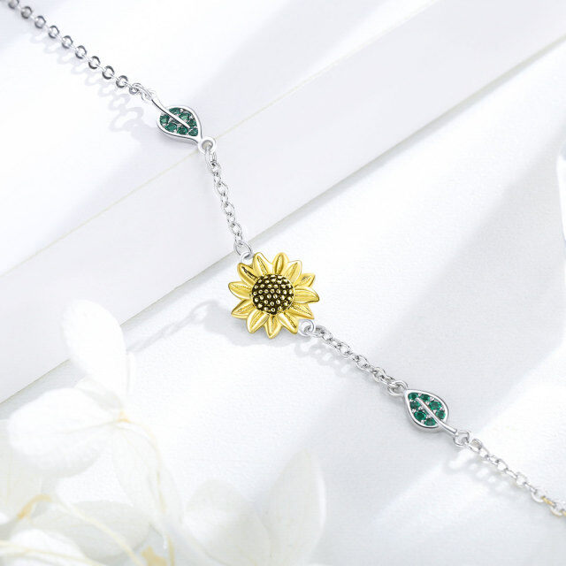 Sterling Silver Two-tone Circular Shaped Cubic Zirconia Sunflower Pendant Bracelet-4