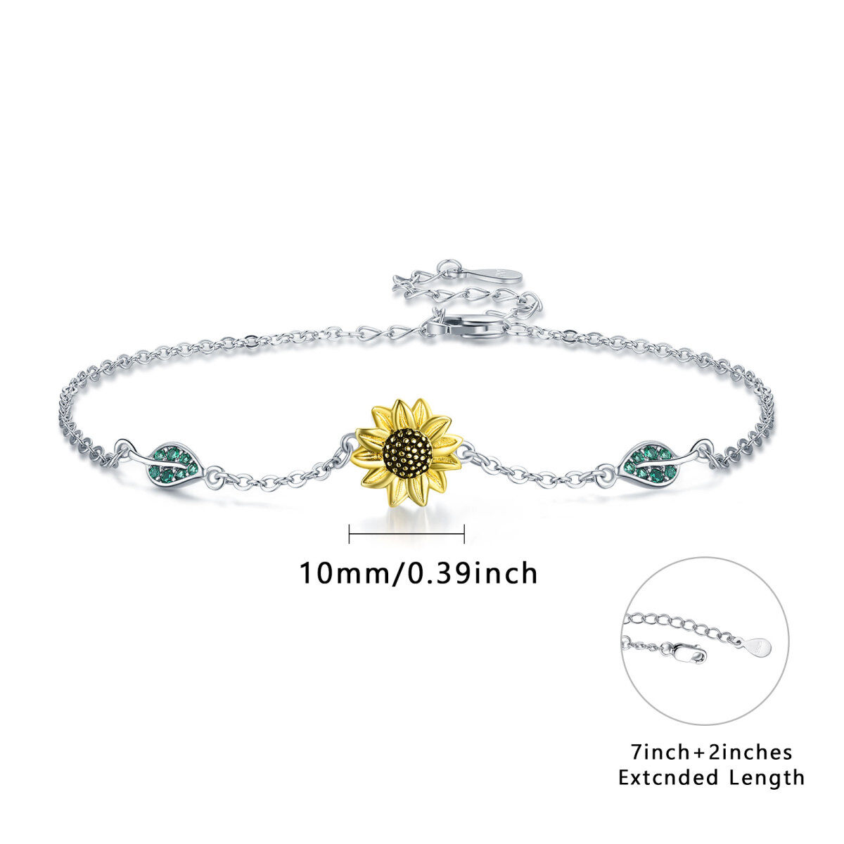 Sterling Silver Two-tone Circular Shaped Cubic Zirconia Sunflower Pendant Bracelet-5