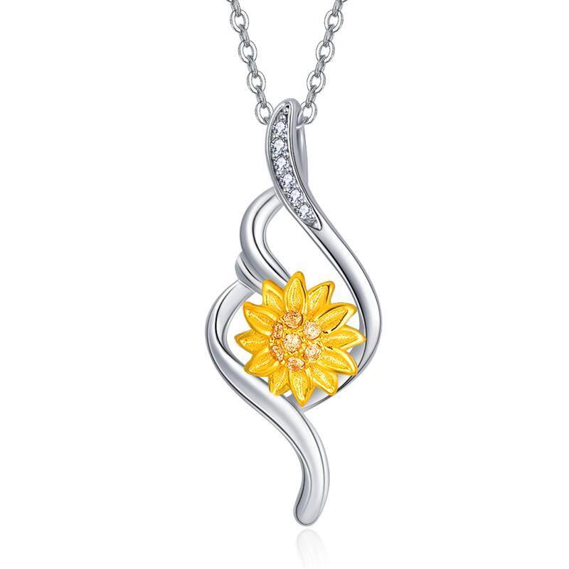 Sterling Silver Two-tone Circular Shaped Cubic Zirconia Sunflower Pendant Necklace-1