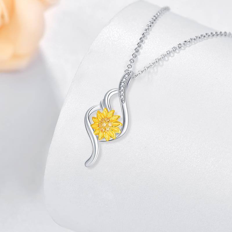 Sterling Silver Two-tone Circular Shaped Cubic Zirconia Sunflower Pendant Necklace-5