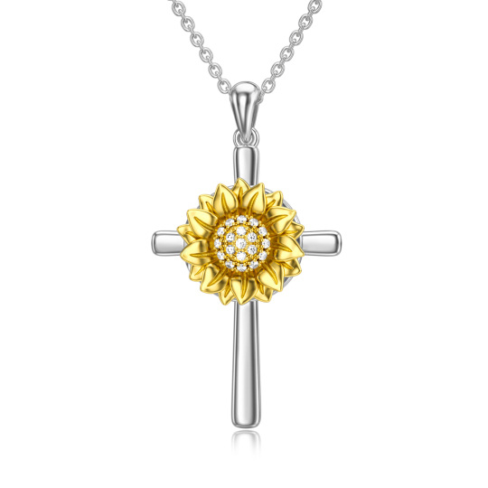 Sterling Silver Two-Tone Circular Cubic Zirconia Sunflower With Cross Personalized Photo Locket Necklace For Women