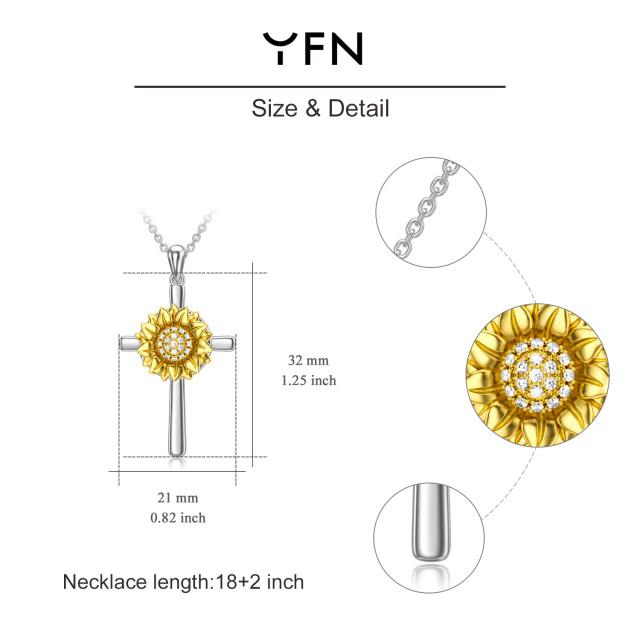 Sterling Silver Two-tone Circular Shaped Cubic Zirconia Sunflower & Personalized Photo & Cross Personalized Photo Locket Necklace-7