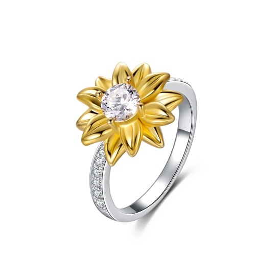 Sterling Silver Two-tone Circular Shaped Cubic Zirconia Sunflower Ring