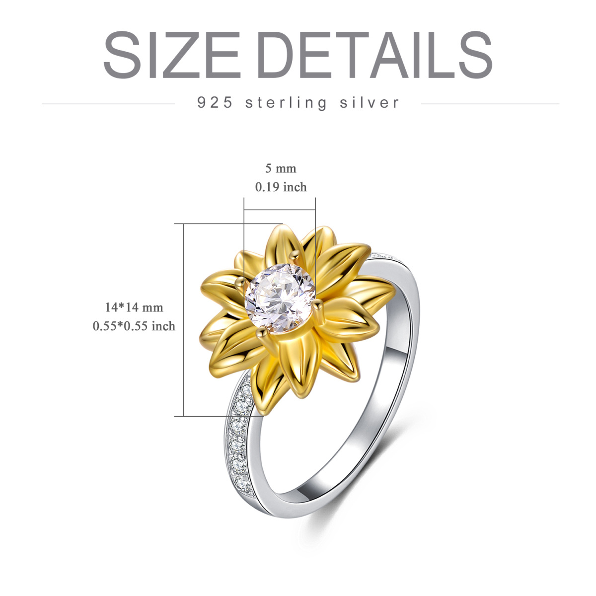 Anillo girasol de plata de ley bicolor con circonita circular-5