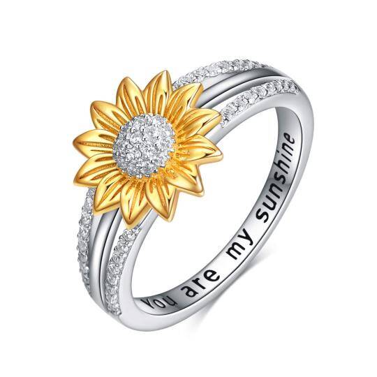 Anello bicolore in argento sterling a forma di girasole circolare con zirconia cubica e parola incisa