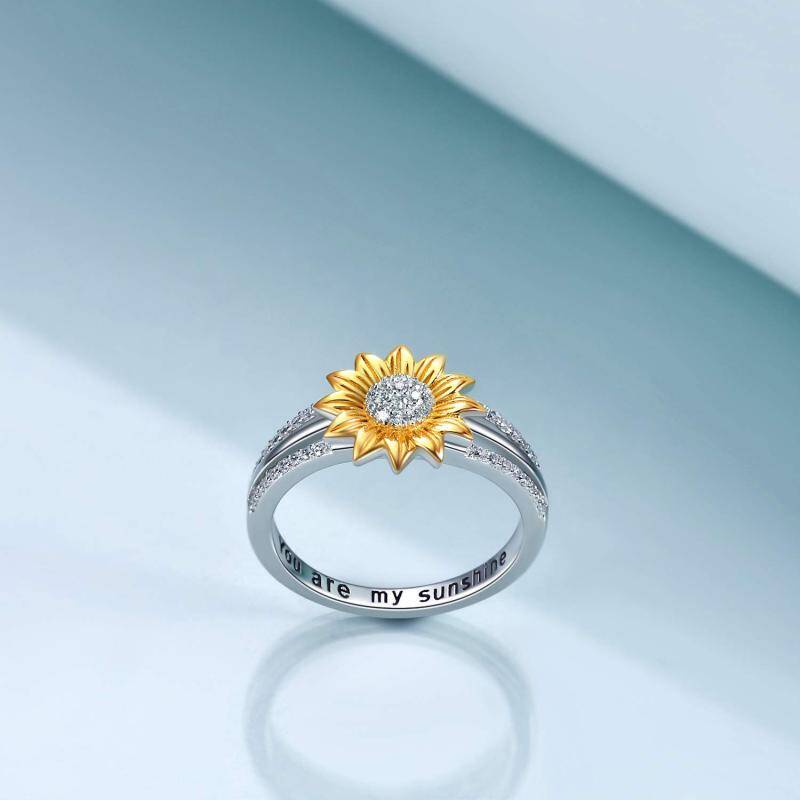 Sterling Silber zweifarbig kreisförmig Cubic Zirkonia Sonnenblume Ring mit eingraviertem W-3