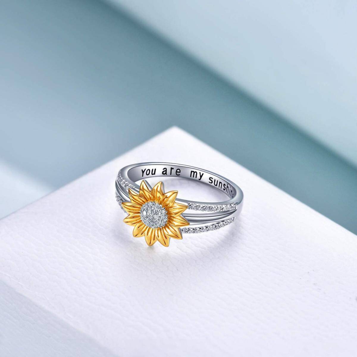 Sterling Silver Two-tone Circular Shaped Cubic Zirconia Sunflower Ring with Engraved Word-4