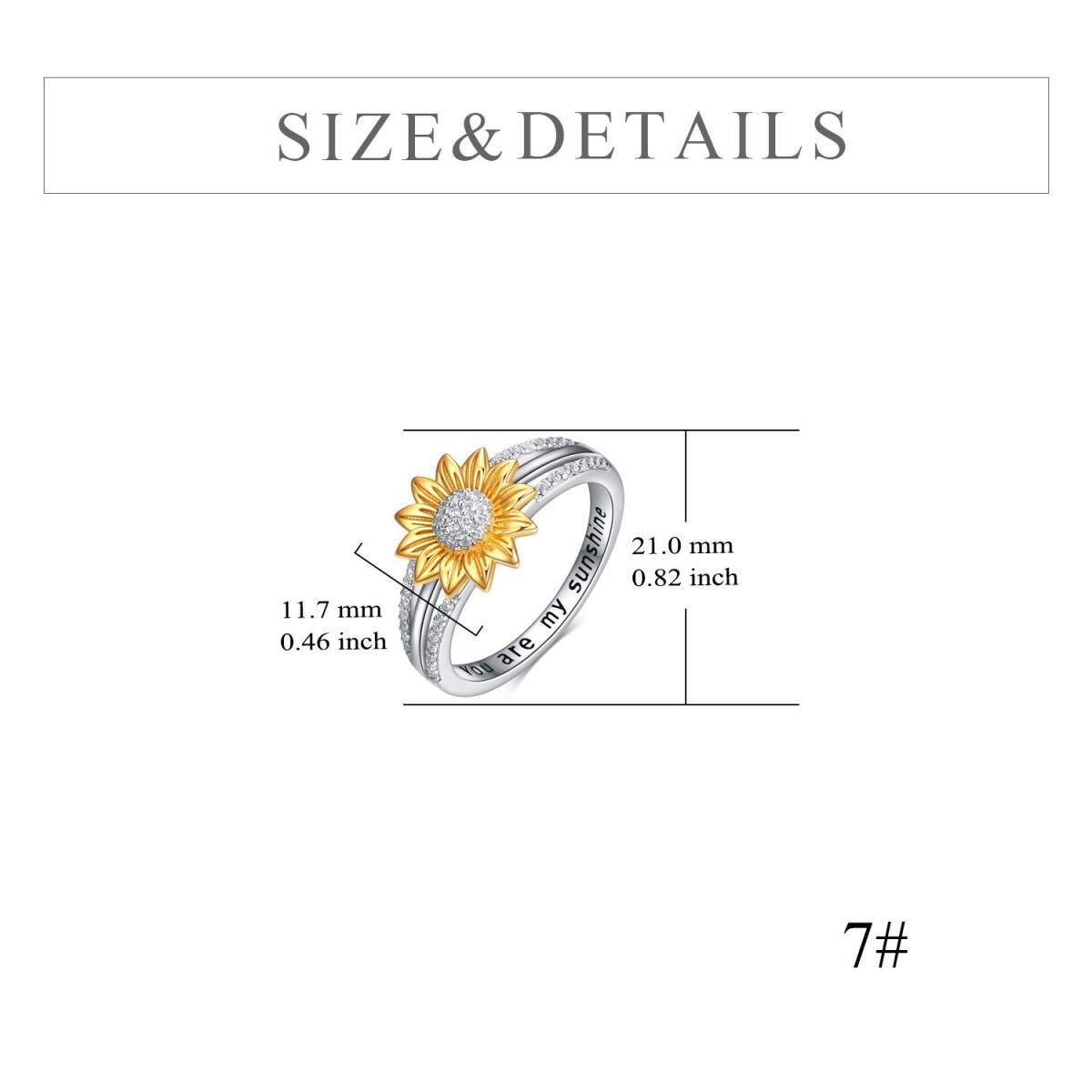 Sterling Silver Two-tone Circular Shaped Cubic Zirconia Sunflower Ring with Engraved Word-5