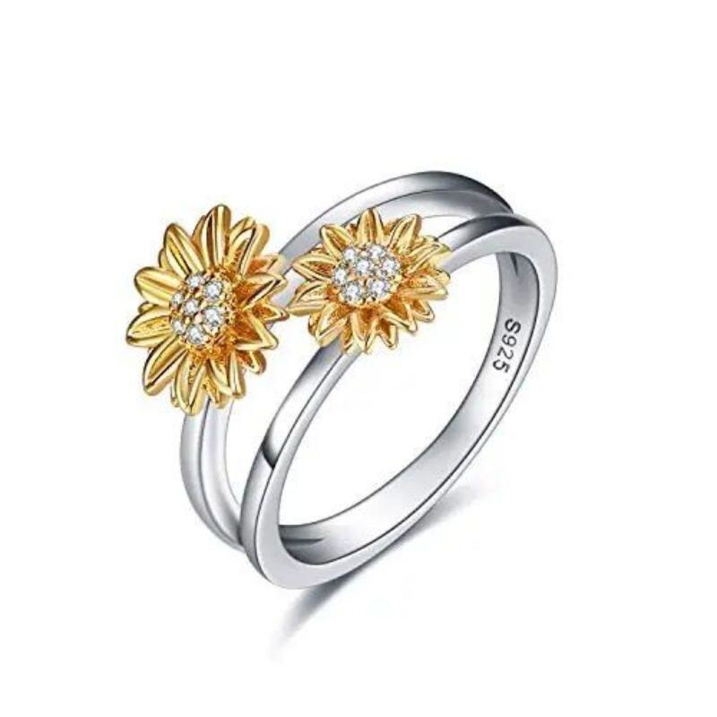 Sterling Silver Two-tone Round Shaped Cubic Zirconia Sunflower Ring-1