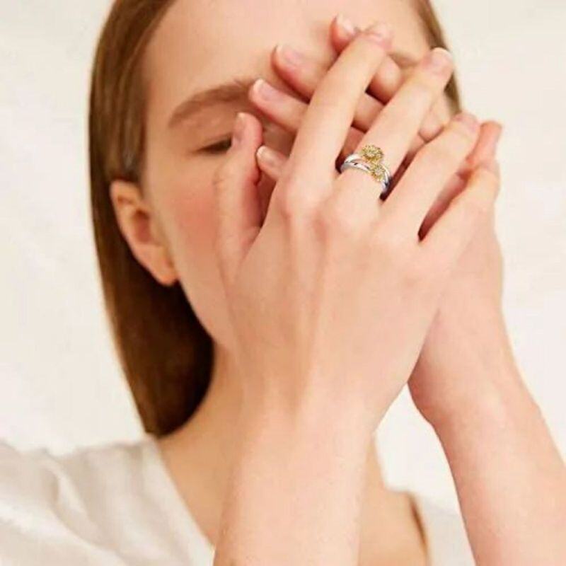 Sterling Silver Two-tone Round Shaped Cubic Zirconia Sunflower Ring-2