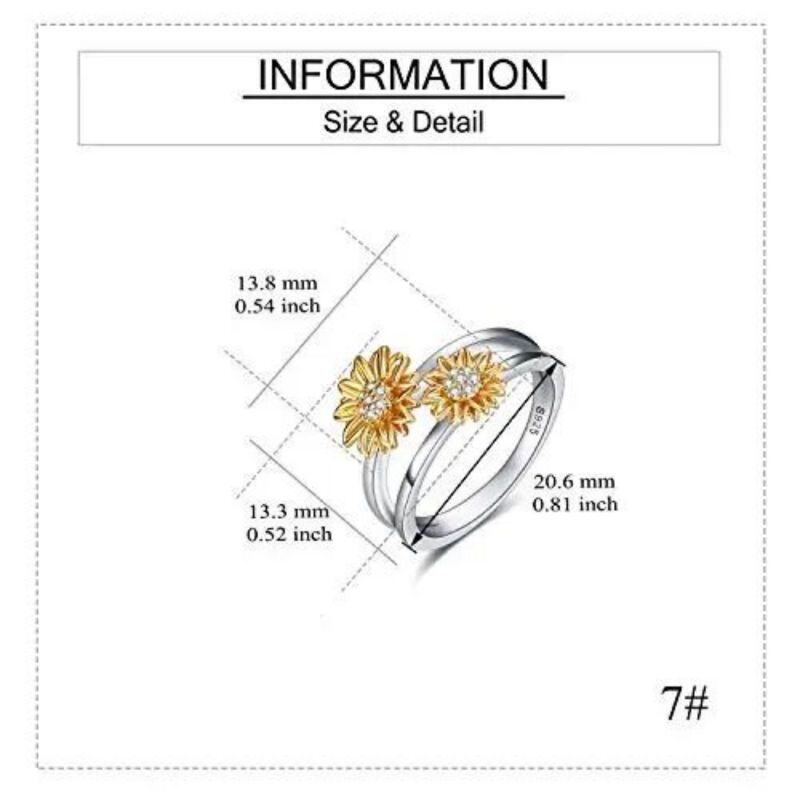 Sterling Silver Two-tone Round Shaped Cubic Zirconia Sunflower Ring-5
