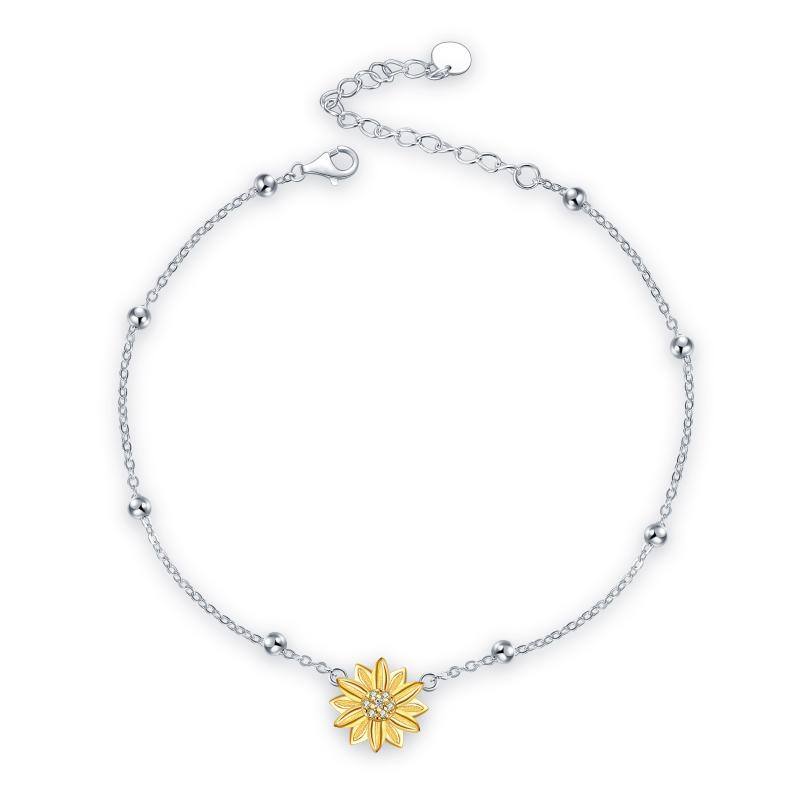 Sterling Silver Two-tone Circular Shaped Cubic Zirconia Sunflower Single Layer Anklet-1