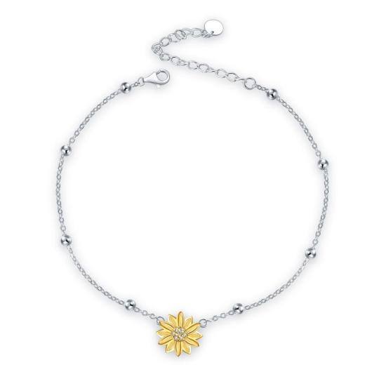 Sterling Silver Two-tone Circular Shaped Cubic Zirconia Sunflower Single Layer Anklet