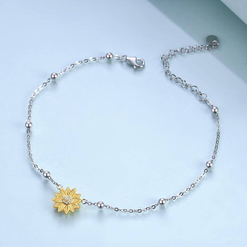 Sterling Silver Two-tone Circular Shaped Cubic Zirconia Sunflower Single Layer Anklet-3