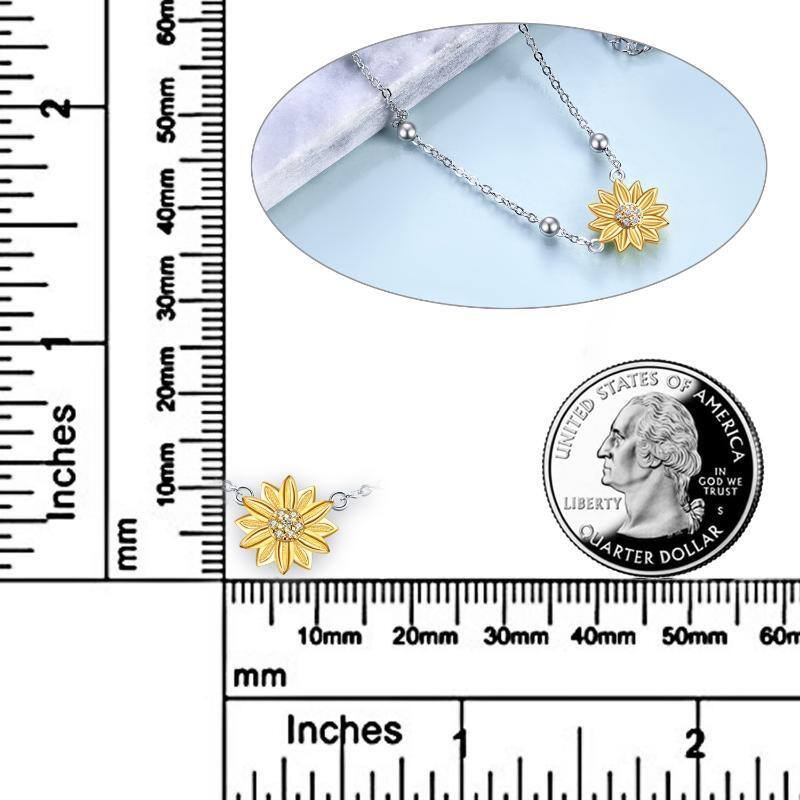 Sterling Silver Two-tone Circular Shaped Cubic Zirconia Sunflower Single Layer Anklet-4