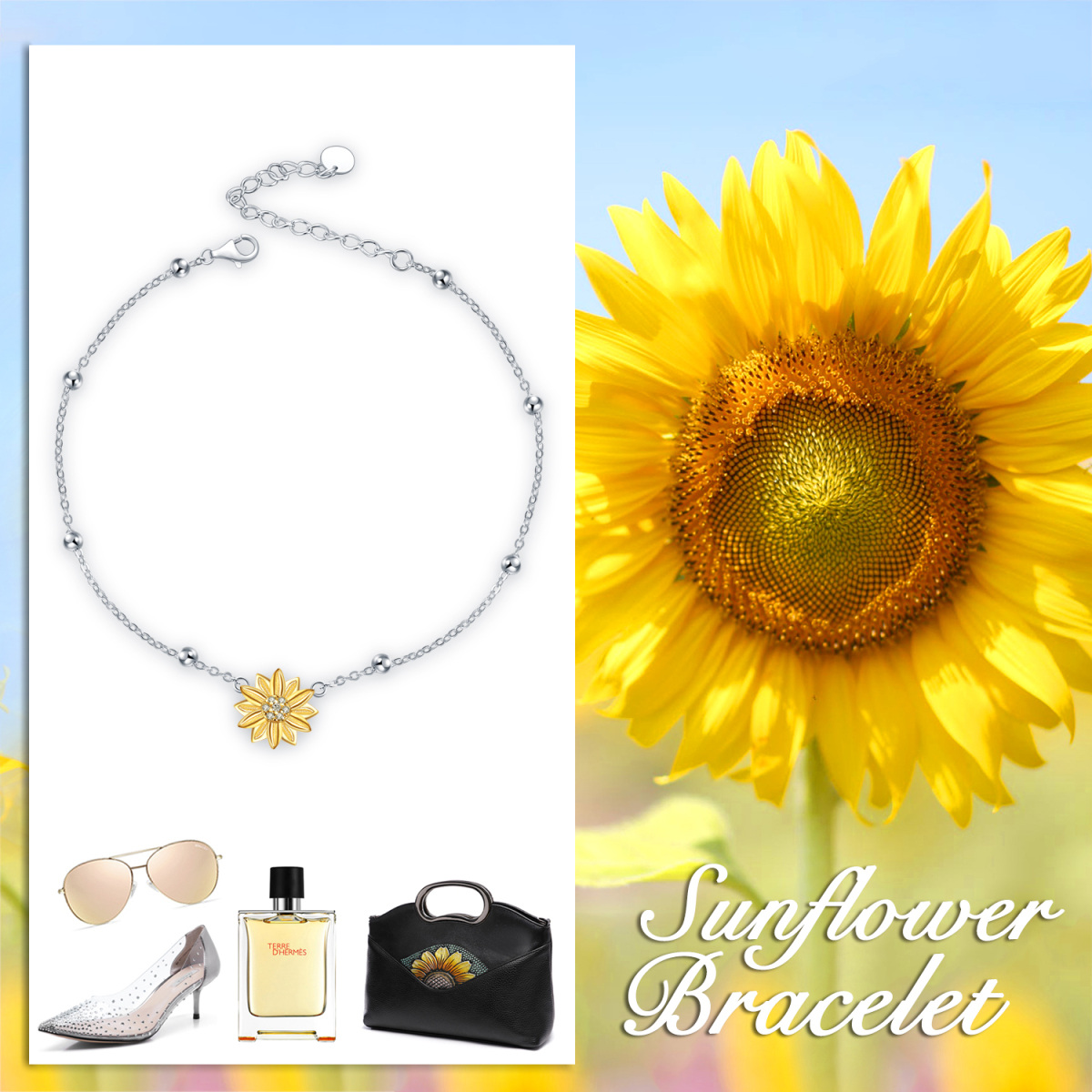 Sterling Silver Two-tone Circular Shaped Cubic Zirconia Sunflower Single Layer Anklet-5