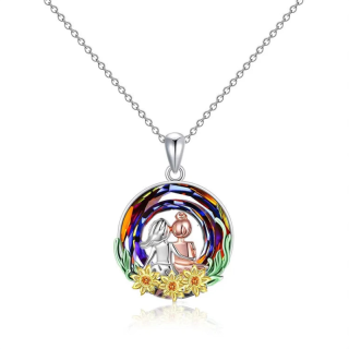 Sterling Silver Two-tone Circular Shaped Sunflower & Sisters Crystal Pendant Necklace-14