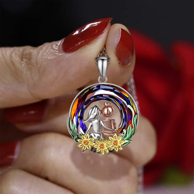 Sterling Silver Two-tone Circular Shaped Sunflower & Sisters Crystal Pendant Necklace-3