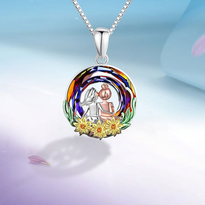 Sterling Silver Two-tone Circular Shaped Sunflower & Sisters Crystal Pendant Necklace-4
