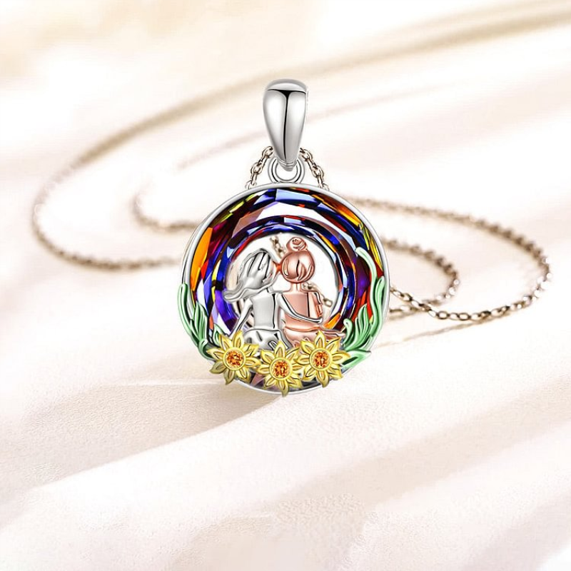 Sterling Silver Two-tone Circular Shaped Sunflower & Sisters Crystal Pendant Necklace-5