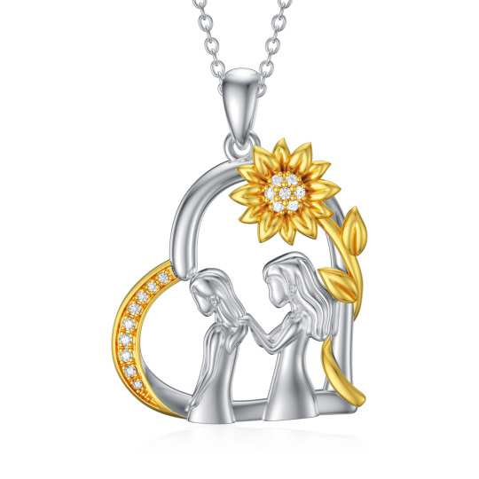 Collar con colgante de corazón y hermanas de girasol de circonita cúbica circular de dos tonos de plata de ley para mujer