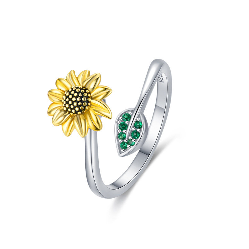 Sterling Silver Two-tone Round Shaped Cubic Zirconia Sunflower Spinner Ring-4