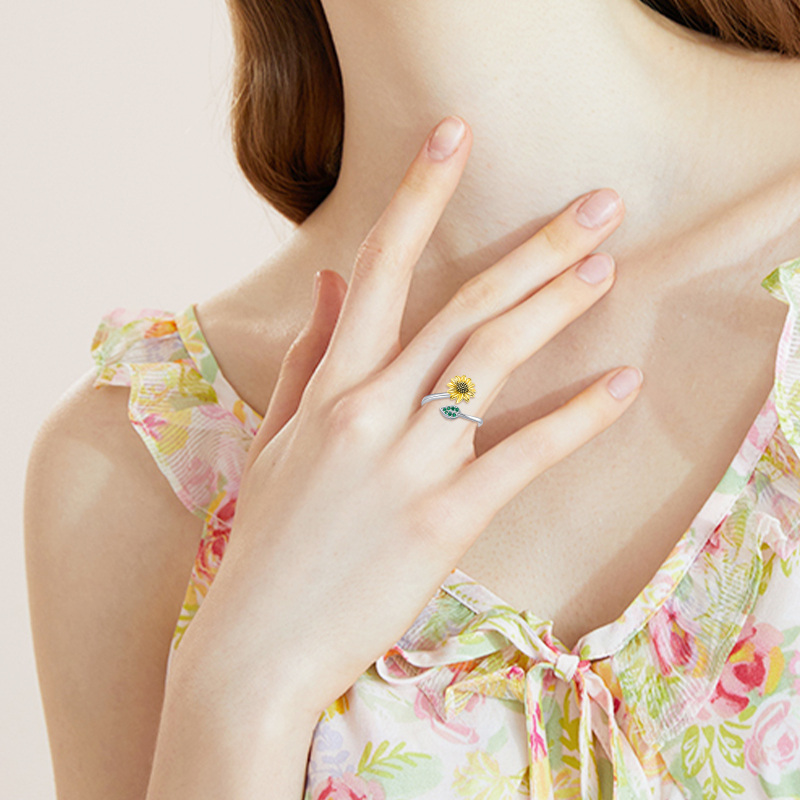 Anello a forma di girasole in argento sterling bicolore con zirconi cubici rotondi-3