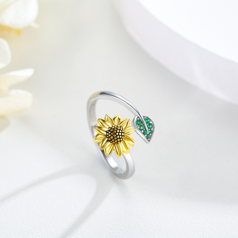 Anello a forma di girasole in argento sterling bicolore con zirconi cubici rotondi-4