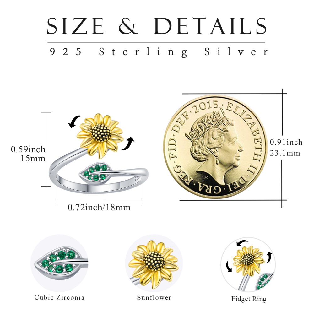 Bague en argent sterling bicolore avec motif tournesol et oxyde de zirconium rond-5