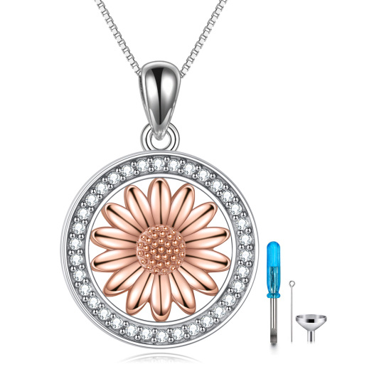 Sterling Silver Two-tone Circular Shaped Cubic Zirconia Sunflower Urn Necklace for Ashes