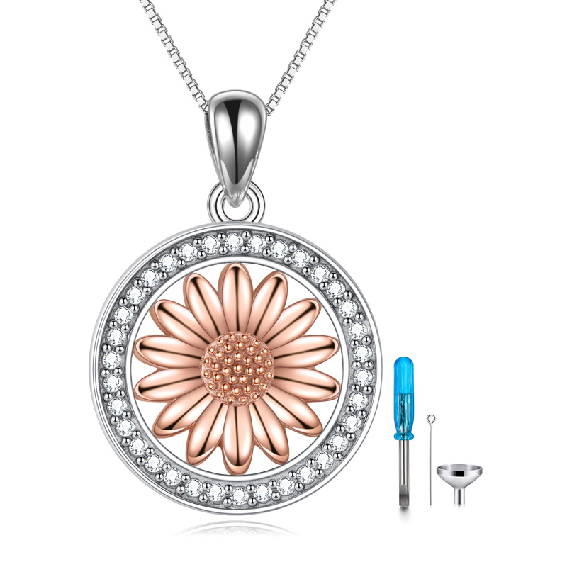 Sterling Silver Two-tone Circular Shaped Cubic Zirconia Sunflower Urn Necklace for Ashes-17