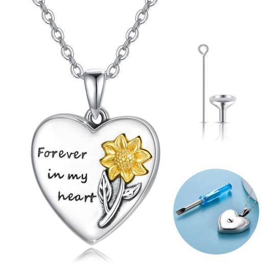 Collana con urna di girasole a cuore bicolore in argento sterling per ceneri con parola incisa