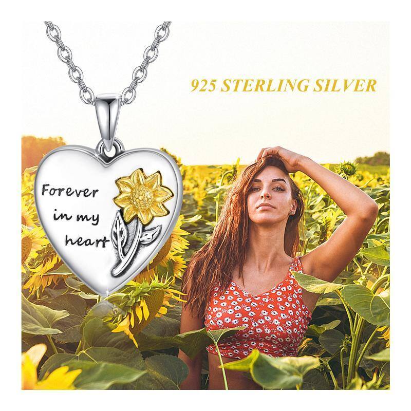 Sterling Silver Two-tone Circular Shaped Cubic Zirconia Sunflower Urn Necklace for Ashes with Engraved Word-5