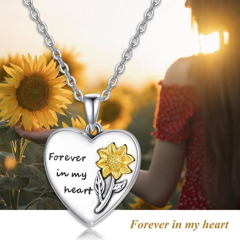 Sterling Silver Two-tone Circular Shaped Cubic Zirconia Sunflower Urn Necklace for Ashes with Engraved Word-6